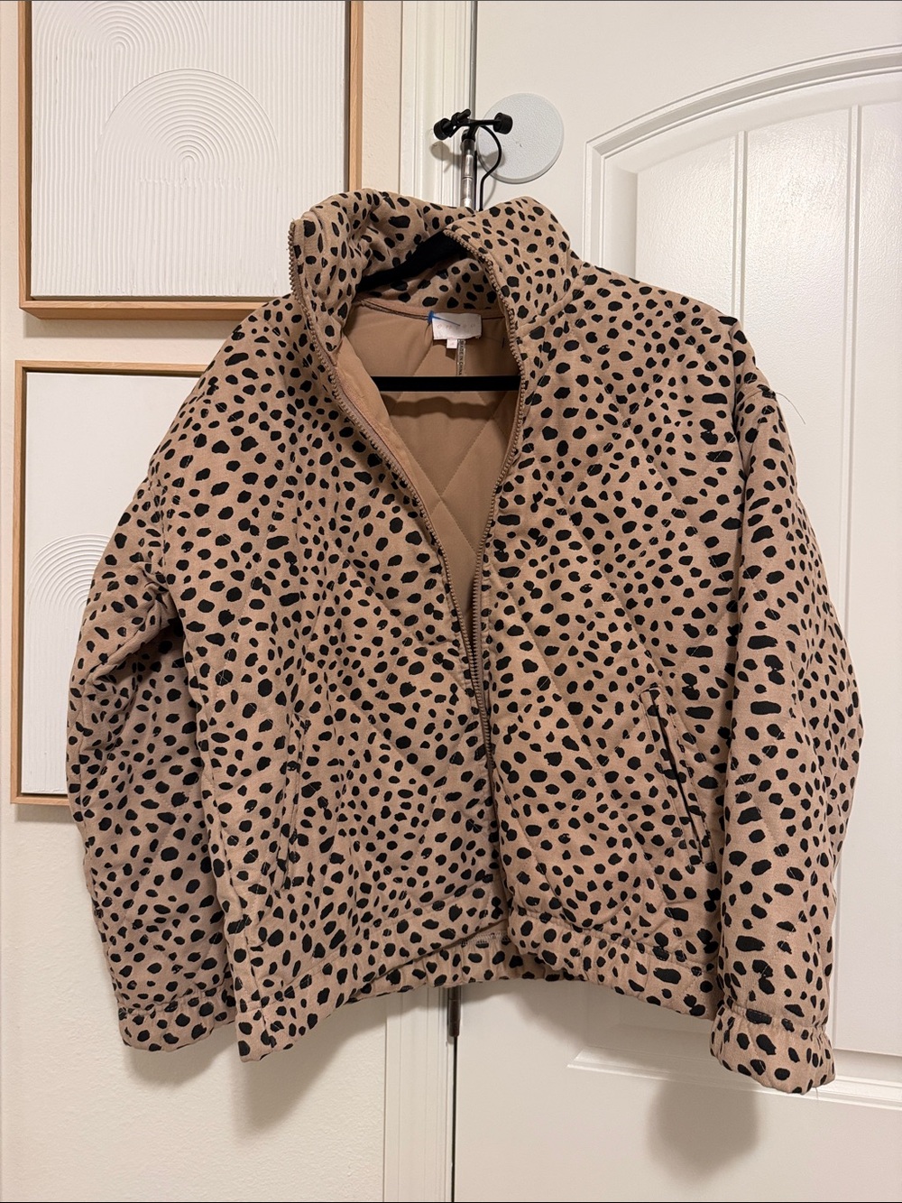 Neutral Tan Leopard Print Puffer Jacket - Women